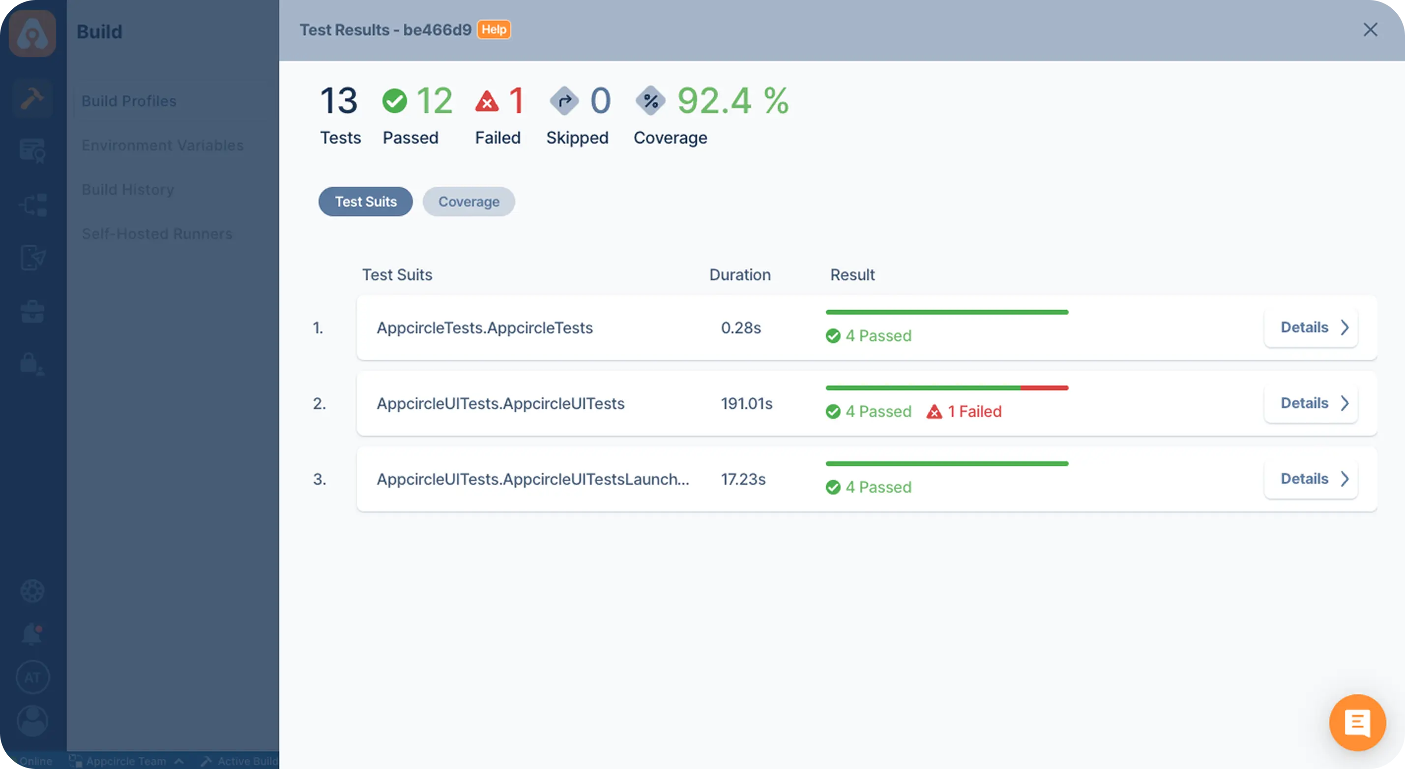 Android test results dashboard with passed, failed tests, and coverage in the Appcircle interface