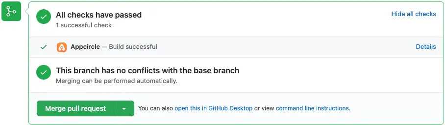 Appcircle build status check reporting a successful build on a GitHub pull request