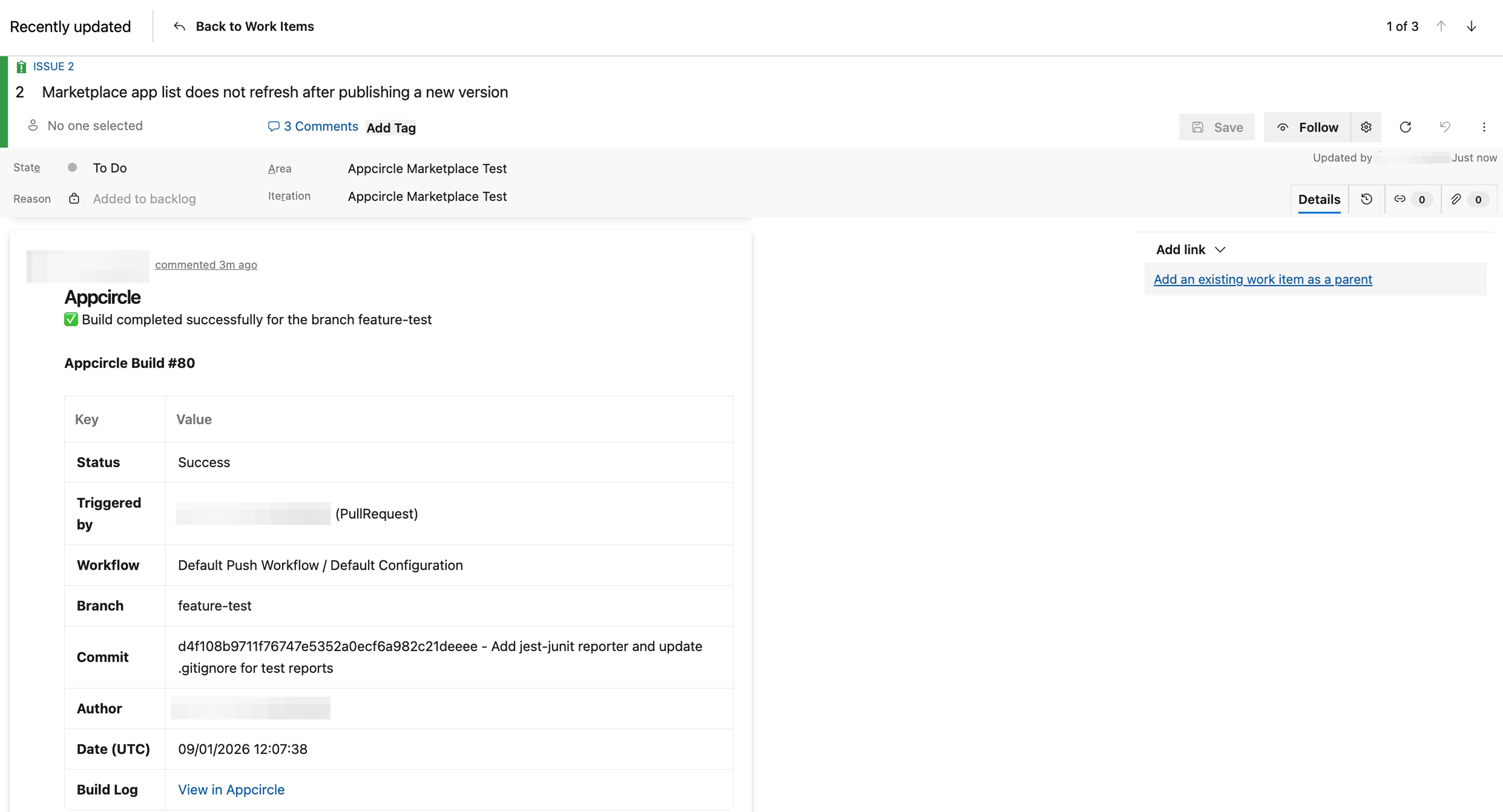 Appcircle build status comment automatically added to an Azure Boards work item