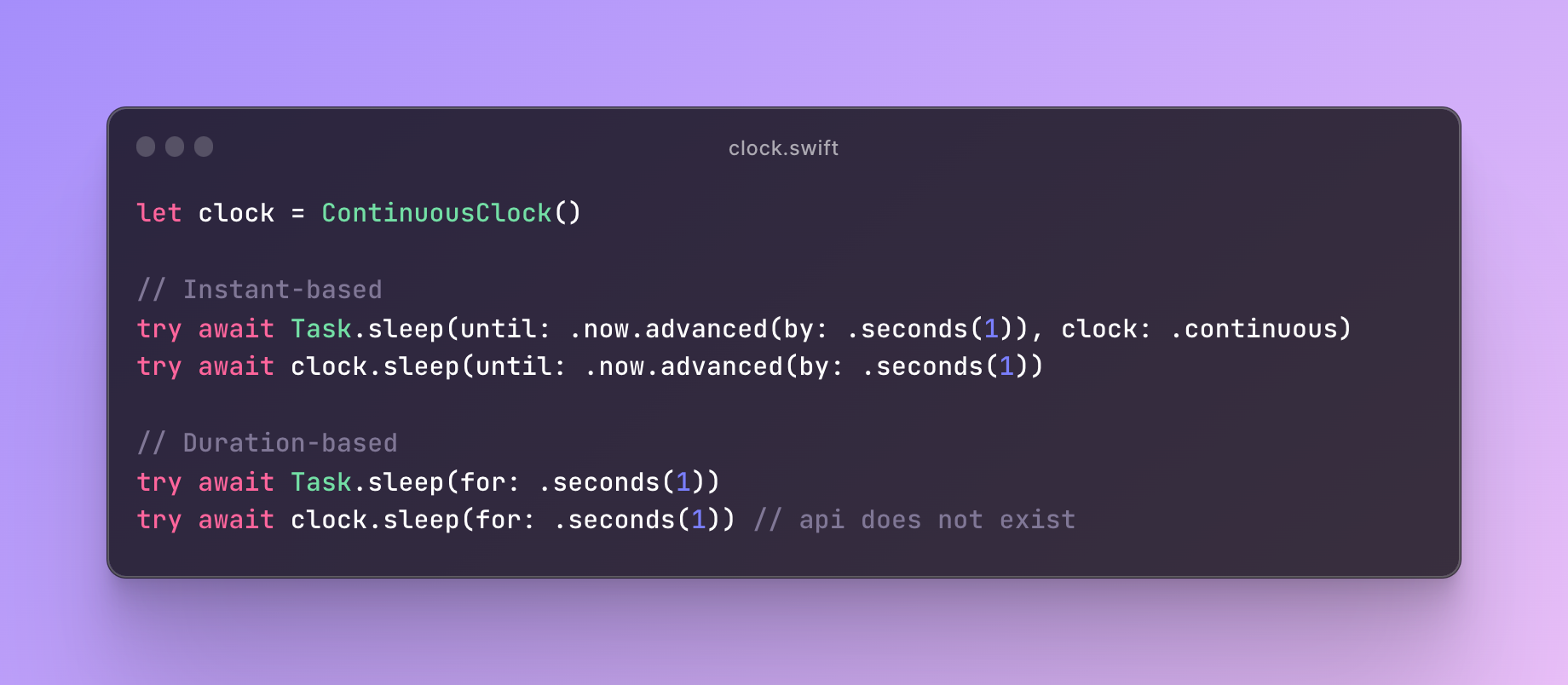 Add sleep(for:) to Clock